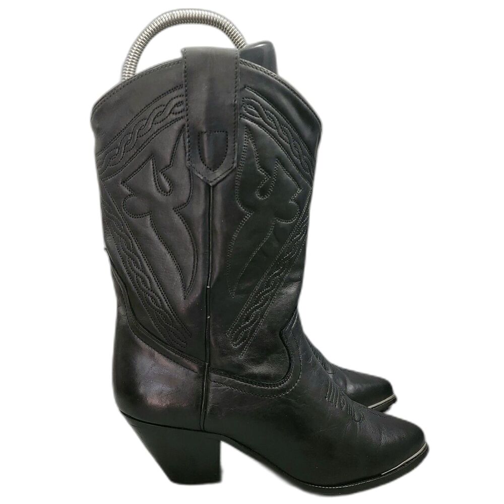 VTG Acme Black Western Cowboy Cowgirl Boots 7B - Silver Metal Toe Accent